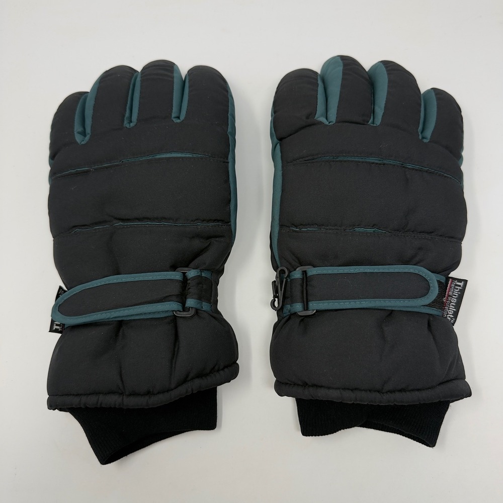 Mens Thinsulate Ski Snowboard Gloves Black Teal XL Adjustable Strap‎ Warm Winter